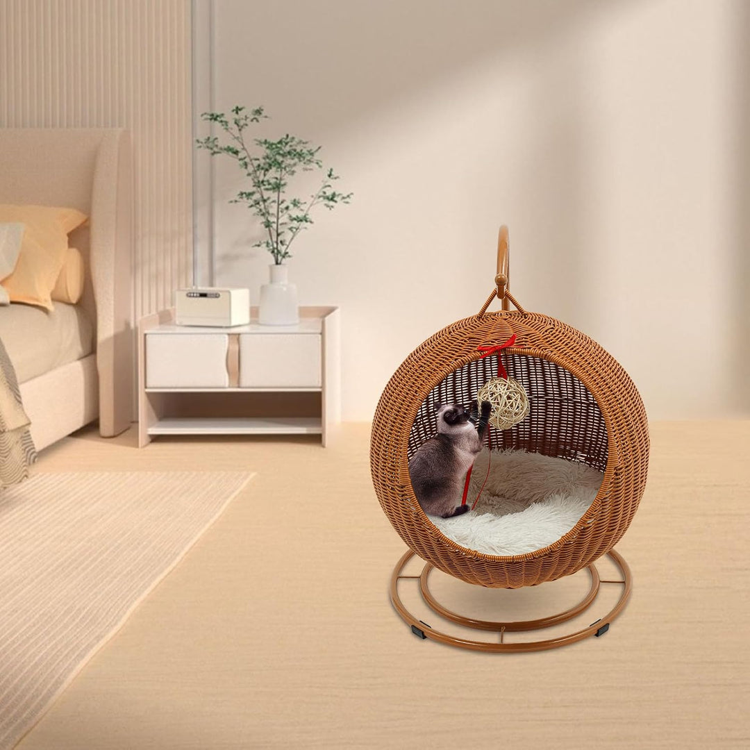 Katzenkorb hängend, Katzen Hängematte aus Rattanimitat, bequemes Katzenschaukel mit Weiches Kissen (