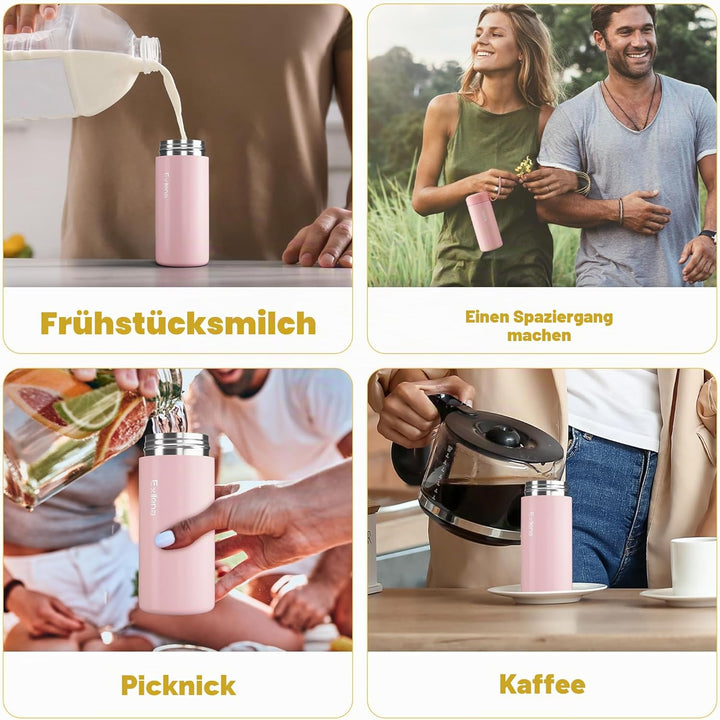 Exllena 300 ml kleine Wasserflasche aus 304 Edelstahl, kleine Flasche mit Tragegriff, doppelwandige