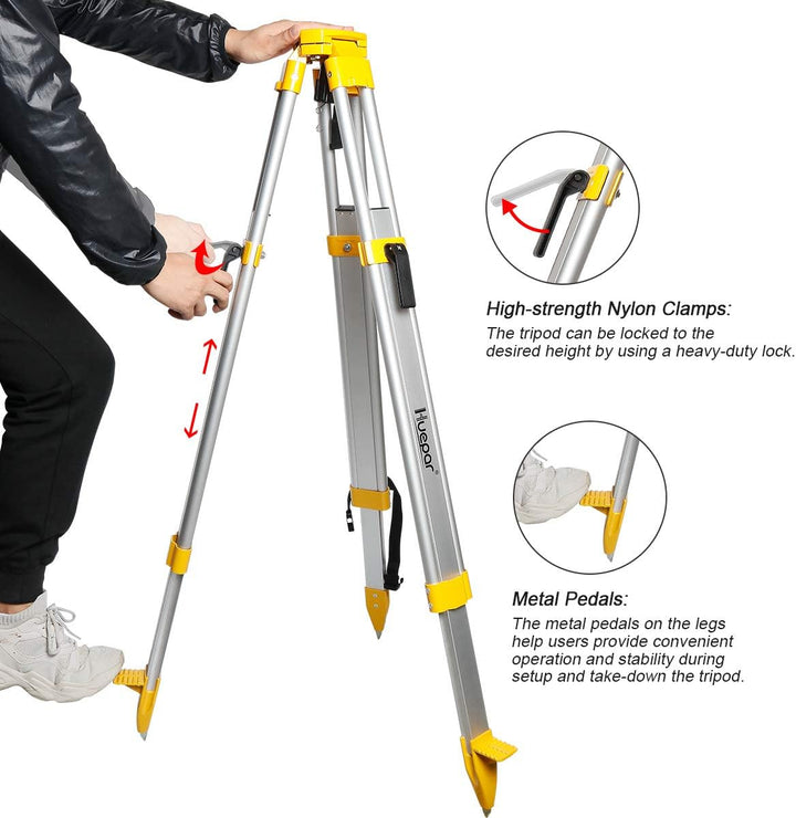 Huepar Professional Baustativ Nivellierstativ 1,65m mit 5/8"-11 Aussengewinde, Flachkopf Aluminiumst