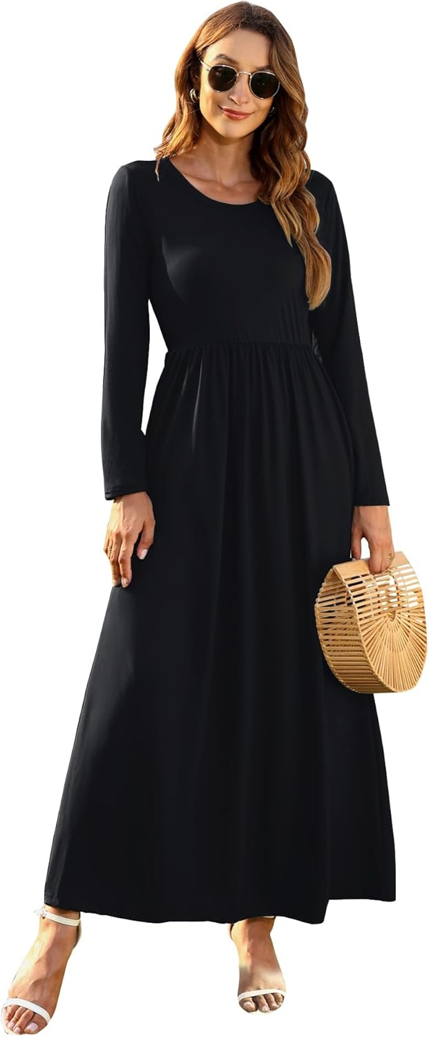 AUSELILY Damen Langarm Maxikleider Lässige Langkleider mit Taschen Winter, XS Schwarz