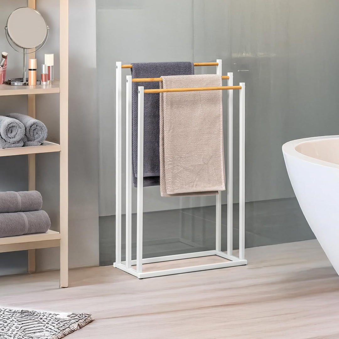 eluno Stand-Handtuchhalter freistehend, 3 Stangen, Handtuchständer, Bambus (weiss), Weiss