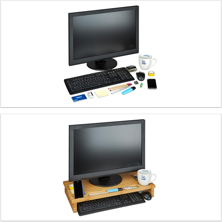 Relaxdays Monitorständer Bambus, Bildschirmerhöhung für Laptop, Bildschirmständer mit Stauraum, HBT