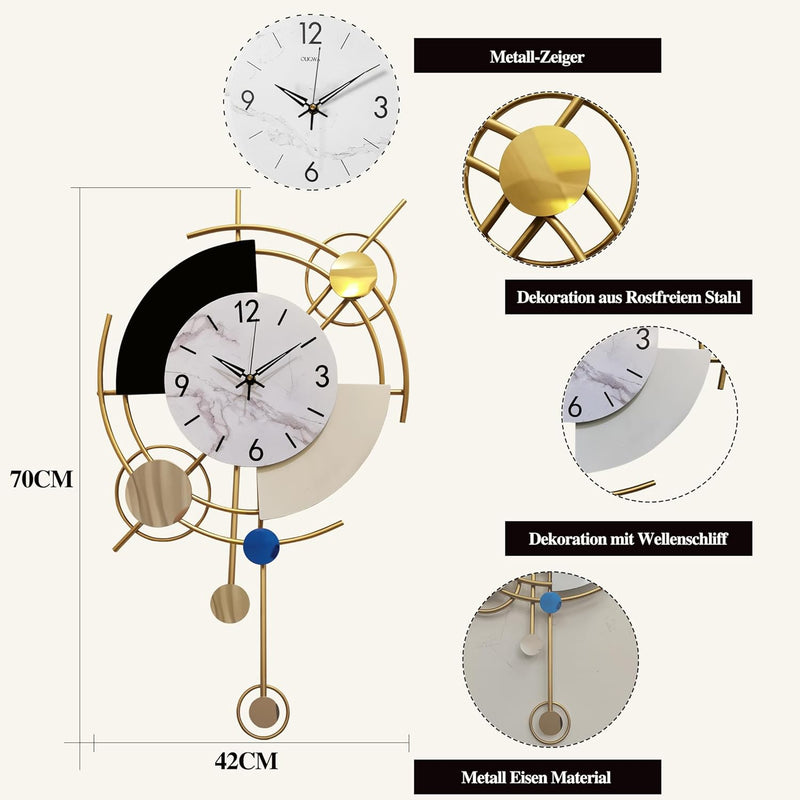 GERHWASH Wanduhr Gross Modern Design Wohnzimmer 70×42cm Wanduhr Ohne Tickgeräusche Römische Ziffern