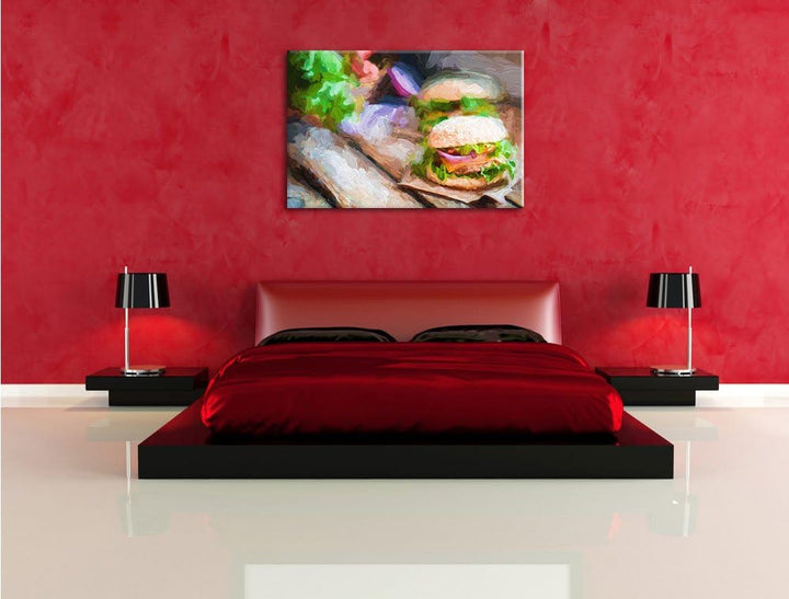 Pixxprint Leckere Burger als Leinwandbild/Grösse: 100x70 cm/Wandbild/Kunstdruck/fertig bespannt, 100