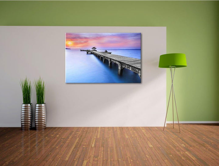 langer Steg mit kleinem Pavillon schwarz/weiss Format: 100x70 auf Leinwand, XXL riesige Bilder ferti