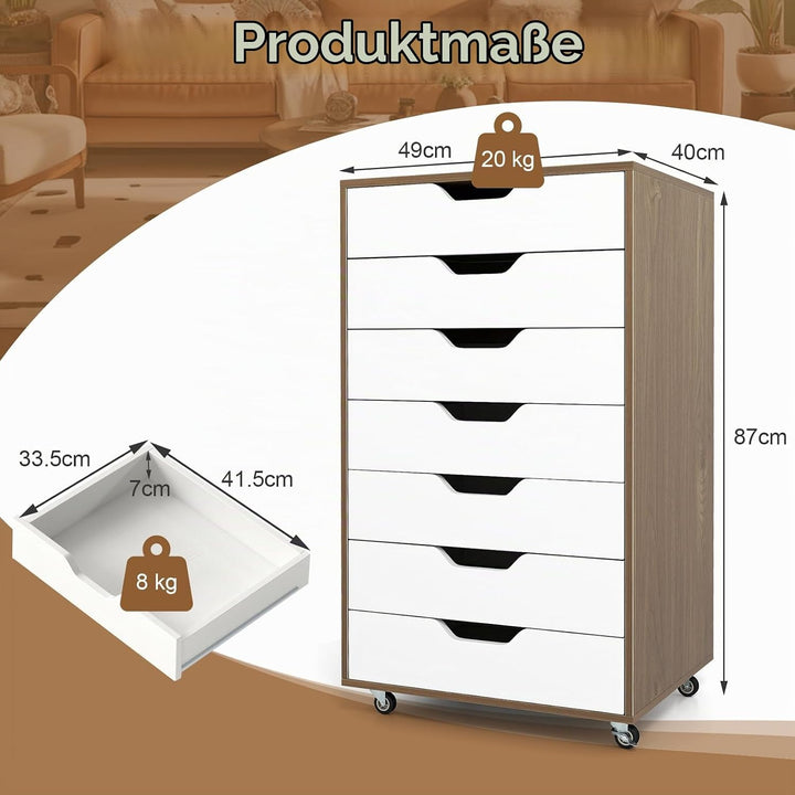 GIANTEX Rollcontainer mit 4 Schubladen &amp; 2 Schränke, Aktenschrank mit Rollen, Schubladenschrank Holz