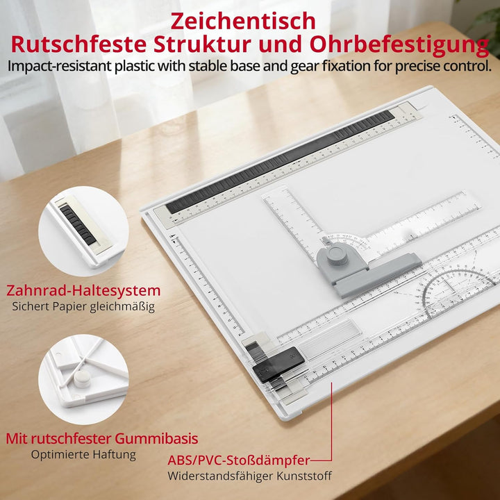 XUNTOP Generisch Professionelle Zeichenplatte Zeichenbrett A4 tellbar mit Schiebelineal Zeichendreie