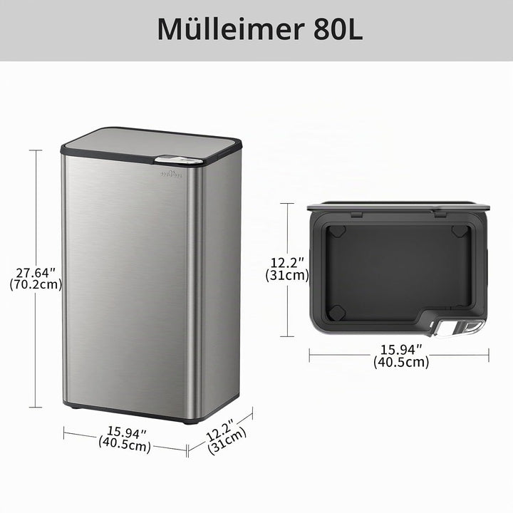 mVm Küchen &amp; Büromülleimer 80L, Edelstahl, Rechteckig, Mit Deckel &amp; Geruchsfilter, Sanftschliessend