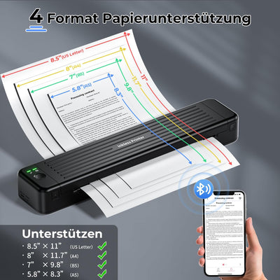 ASprink Mobiler Drucker A4 für Unterwegs, P831 Bluetooth Drucker Klein für US Letter/A4/B5/A5, Druck