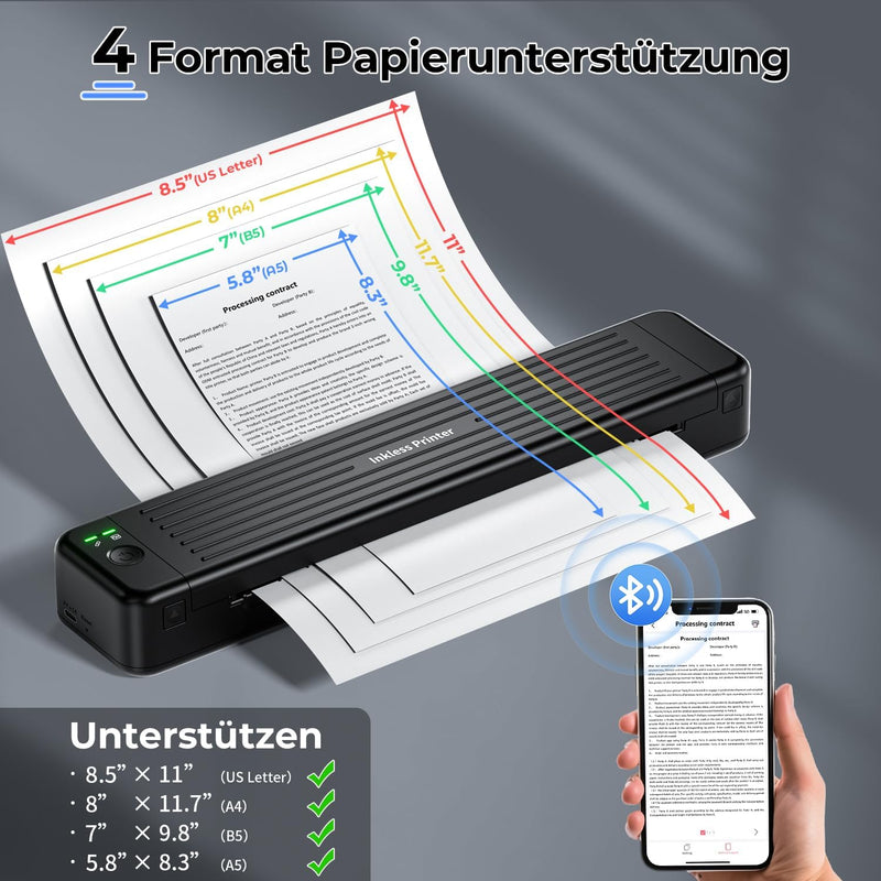 ASprink Mobiler Drucker A4 für Unterwegs, P831 Bluetooth Drucker Klein für US Letter/A4/B5/A5, Druck