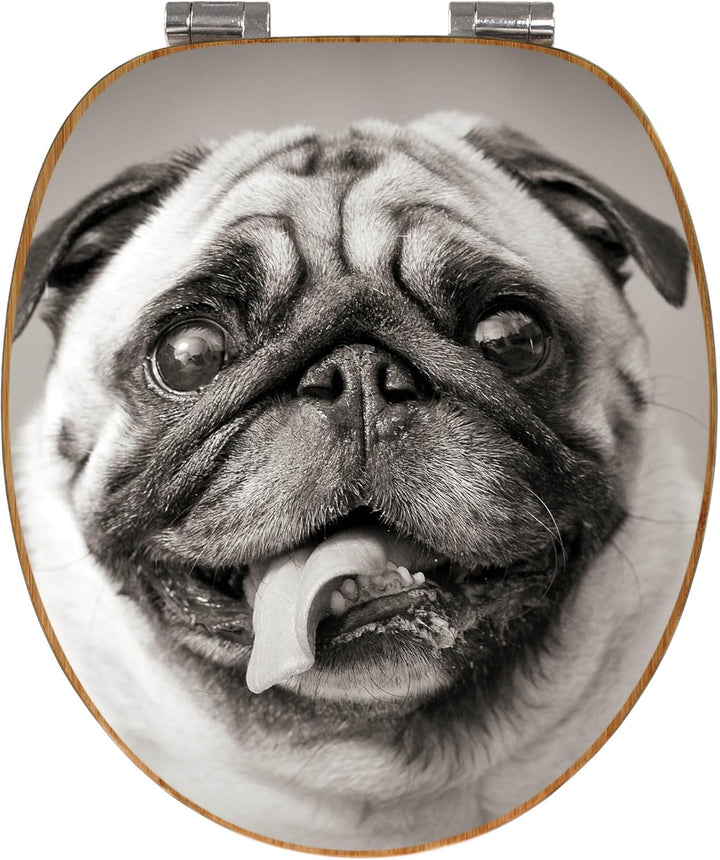 banjado® Design WC Sitz Bambus Absenkautomatik mit Motiv Mops Porträt/Toilettendeckel mit Absenkauto