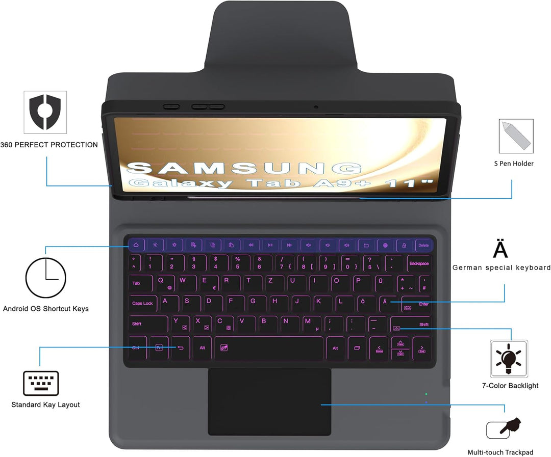 ROOFEI Galaxy Tab A9+ A9 Plus Hülle mit Tastatur: 11 Zoll Galaxy Tab A9plus Deutsches QWERTZ-Layout