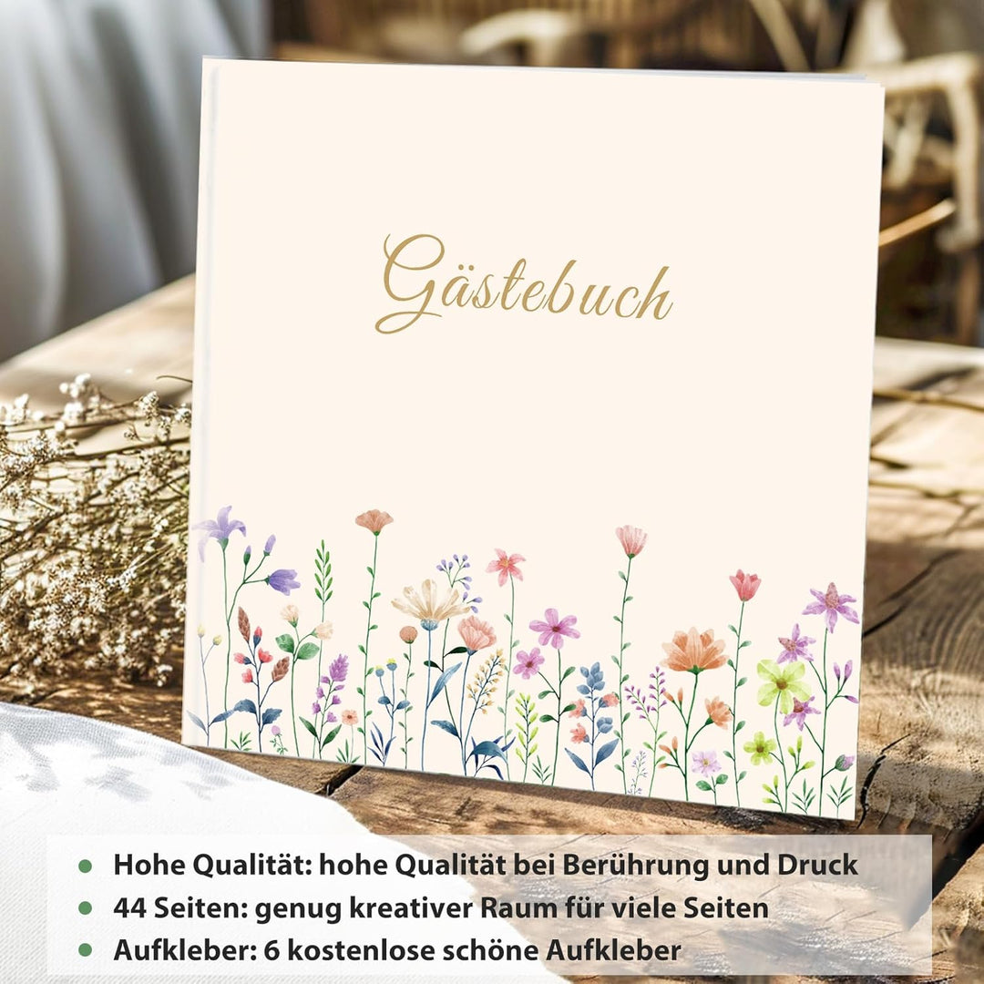 Gästebuch Blanko mit 40Schöne Aufkleber und 44 Doppelseiten Premium Dickem Papier, Grösse 21x21cm Gu