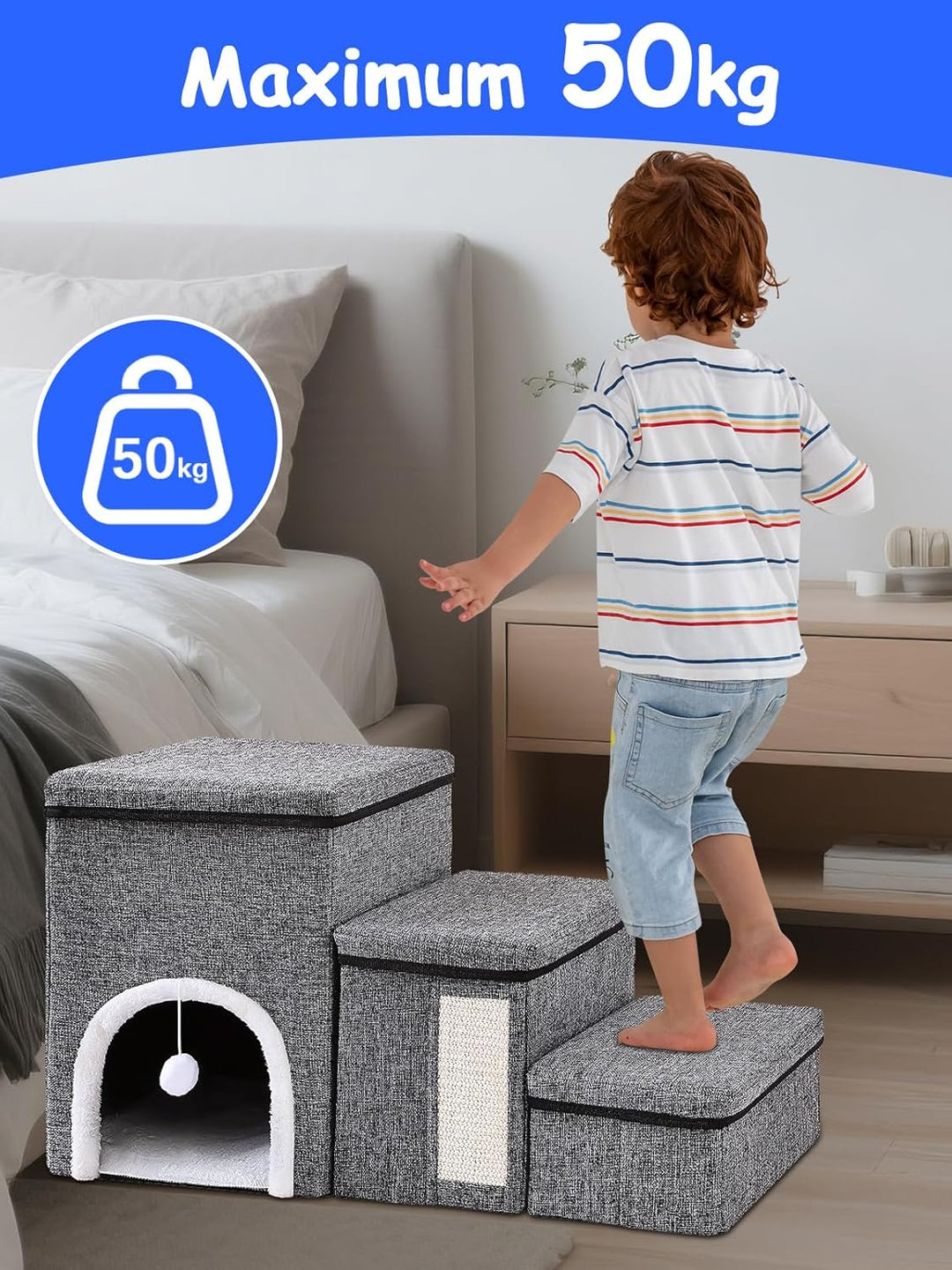 Hundetreppe für Kleine Hunde,43cm Hoch Haustiertreppe/Katzentreppe für Bett & Sofa, 3 Stufen Klappba