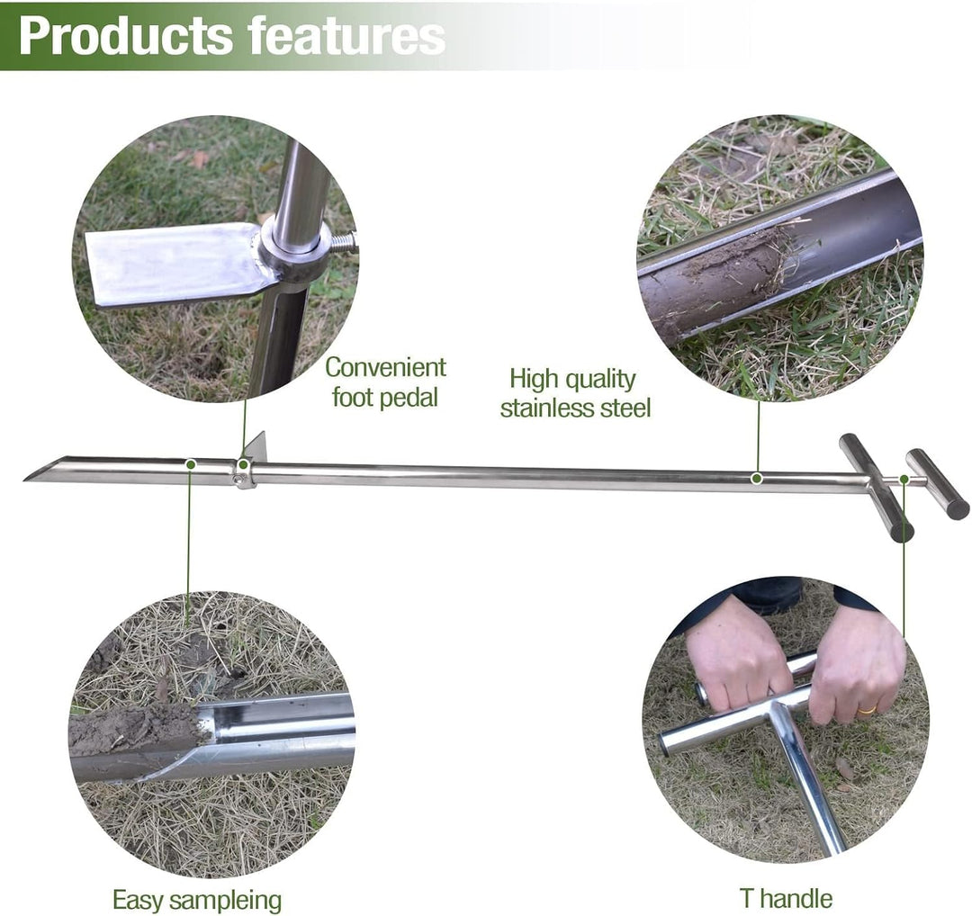 SurmountWay Bodenprobe 101,6 cm mit Fussstufen und Probenauswerfer, Edelstahl-T-Stil-Griff, Bodentes