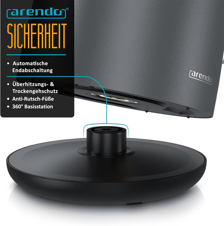 Arendo - Wasserkocher Edelstahl – 1,5 Liter - 2200 Watt – Doppelwand-Design – 360° Controller – BPA-