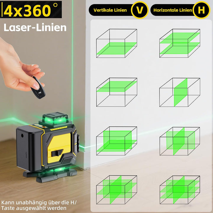 Kreuzlinienlaser Grün 16 Linien, 4 x 360 °Laser Wasserwaage Selbstnivellierend, Linienlaser kreuzlas