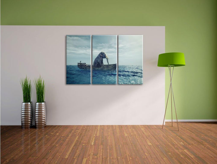 Pixxprint lustig sitzender Elefant im Boot als Leinwandbild - Grösse: 3-Teilig (120x80cm) - Wandbild