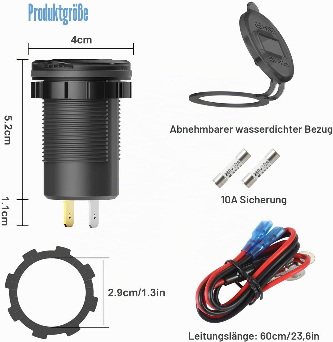 12 Volt USB-Steckdose Dual Quick Charge 3.0 Port und PD3.0 USB C Auto-Ladebuchse, wasserdichte 12V S