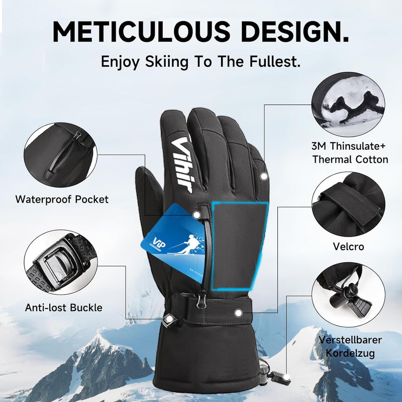 Vihir Skihandschuhe Herren & Damen Winterhandschuhe Thermo Handschuhe, Wasserdichte Touchscreen 3M T