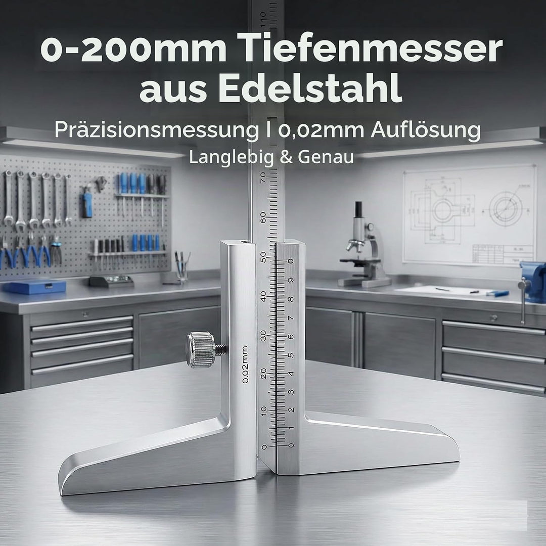 KATSU Tiefenmessschieber 0–200mm 0,02 mm Genauigkeit Metrisches Tiefenmess-Messschieber Messwerkzeug