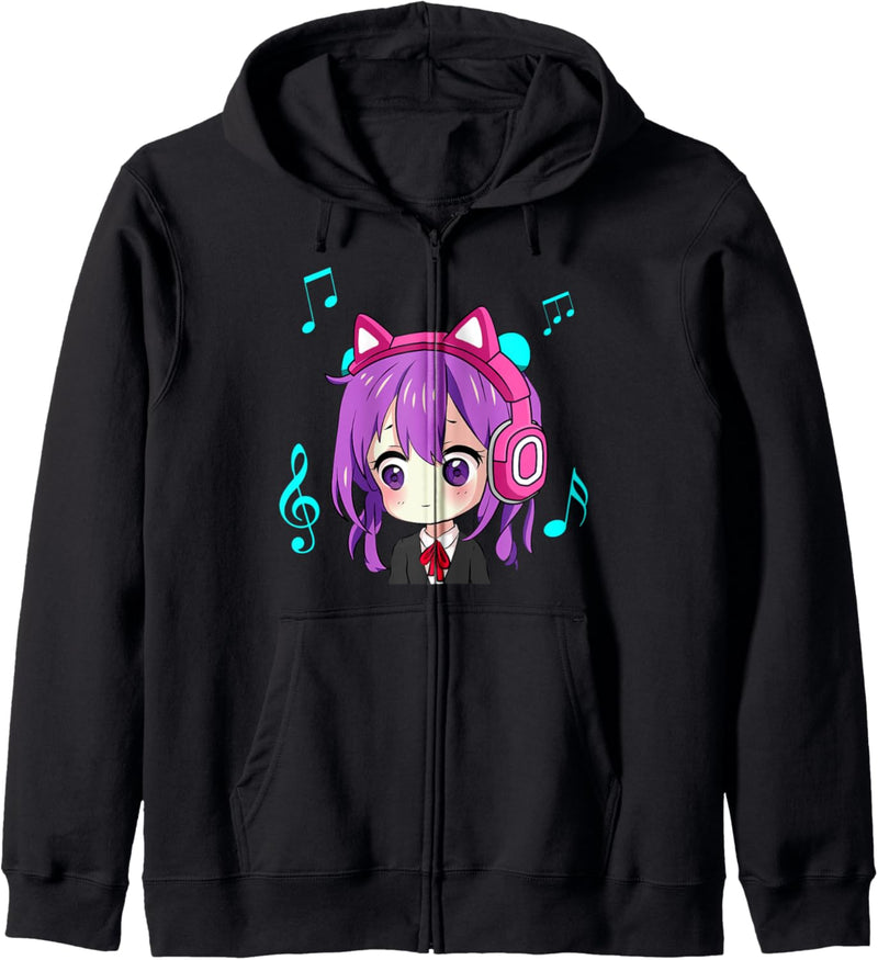 Anime Girl mit Kopfhörern zum Musikhören Kapuzenjacke