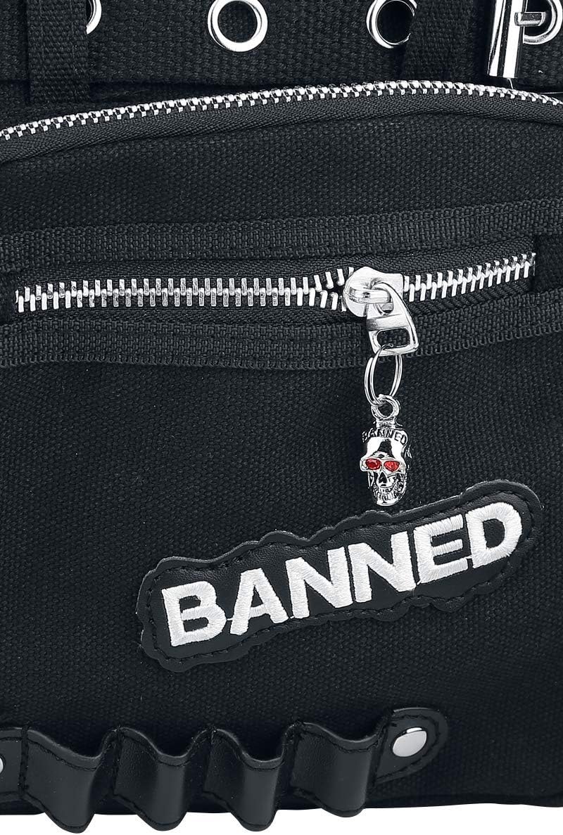Banned Damen Handtasche mit Handschellen-Details, Rockabilly-Look, Leinwand L Black/Black, L Black/B
