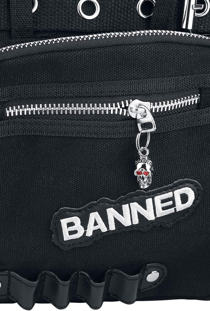Banned Damen Handtasche mit Handschellen-Details, Rockabilly-Look, Leinwand L Black/Black, L Black/B
