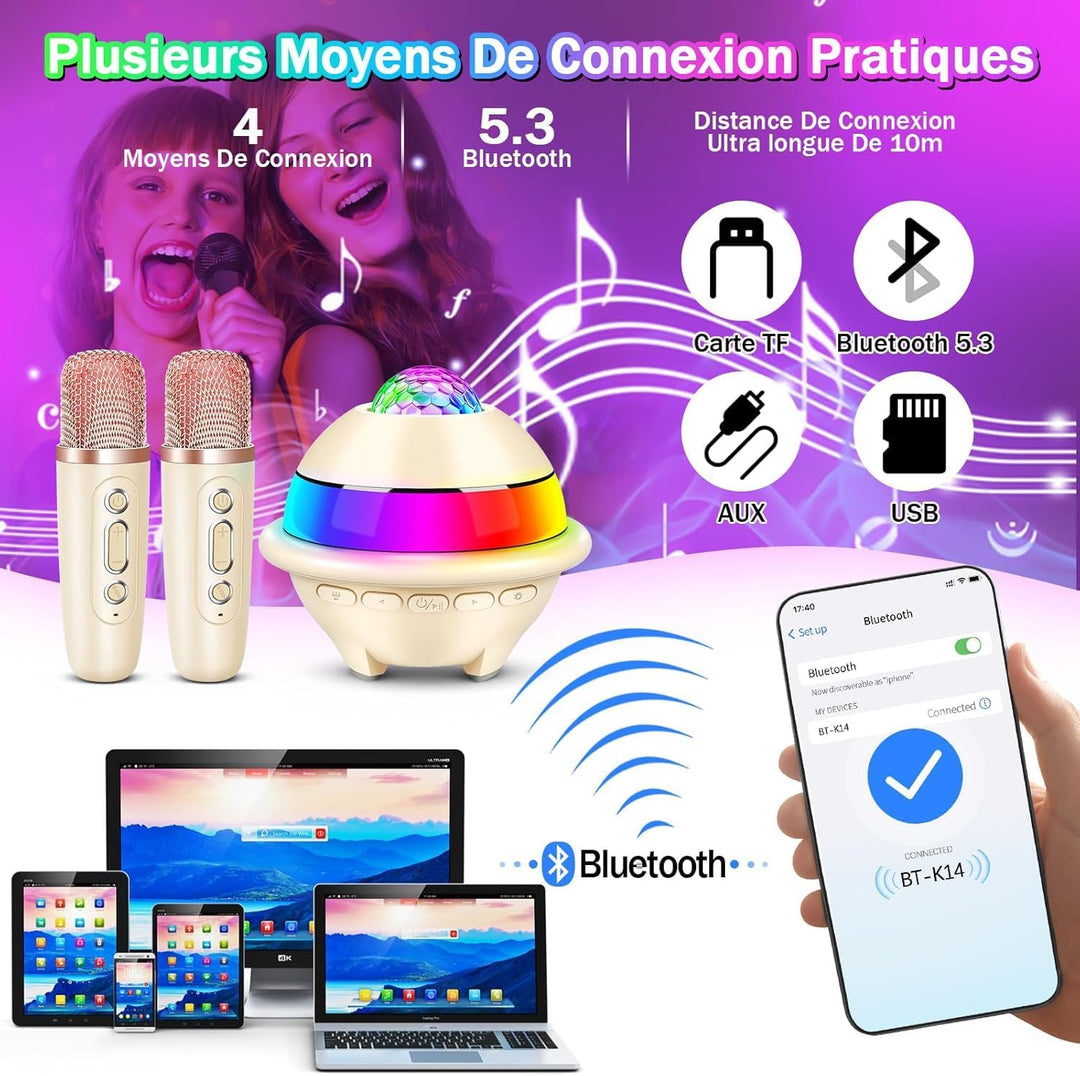 JONRRYIN Karaoke Anlage mit 2 Mikrofonen, Tragbare Bluetooth Karaoke Maschine Kinder mit Disco Licht