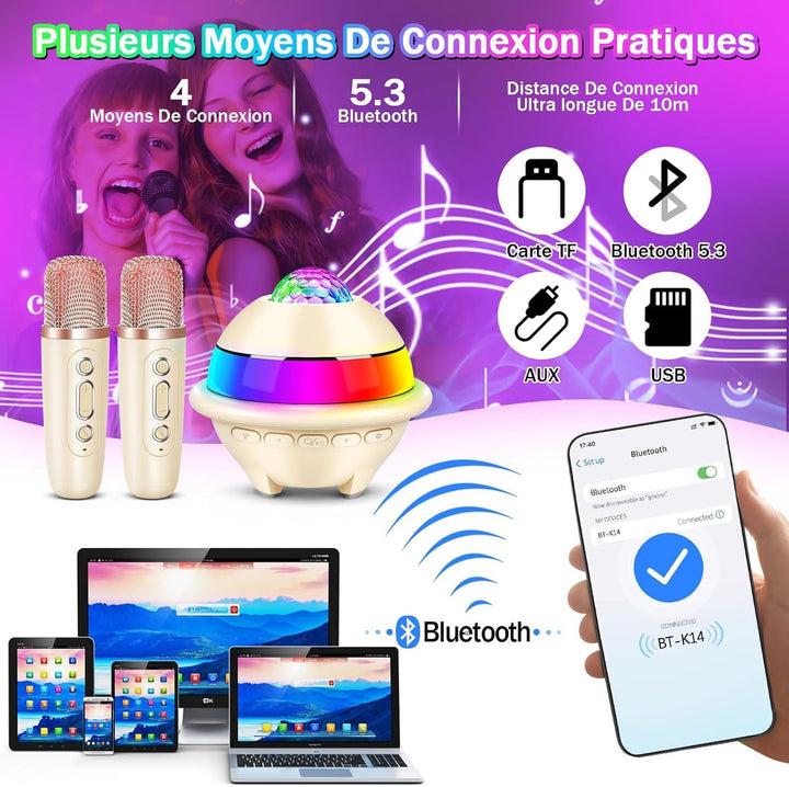 JONRRYIN Karaoke Anlage mit 2 Mikrofonen, Tragbare Bluetooth Karaoke Maschine Kinder mit Disco Licht