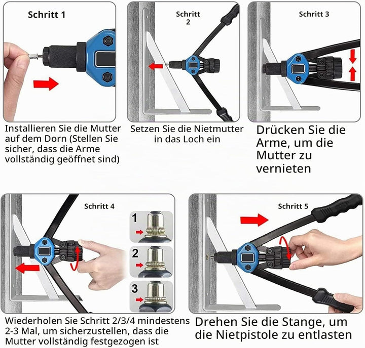 YWHWXB Nietmutter Werkzeug, 33cm Hand Nietmutter Setter Kit - 110Stück Heavy Duty Nietmuttern M3-M12