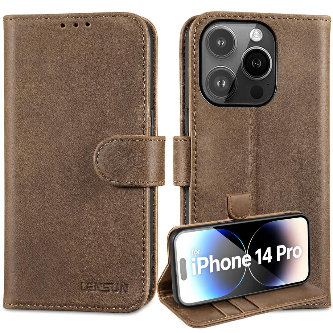 LENSUN Lederhülle für iPhone 14 Pro, Hülle Echtes Leder-Vintage Dunkelbraun | Handyhülle mit Magnetv