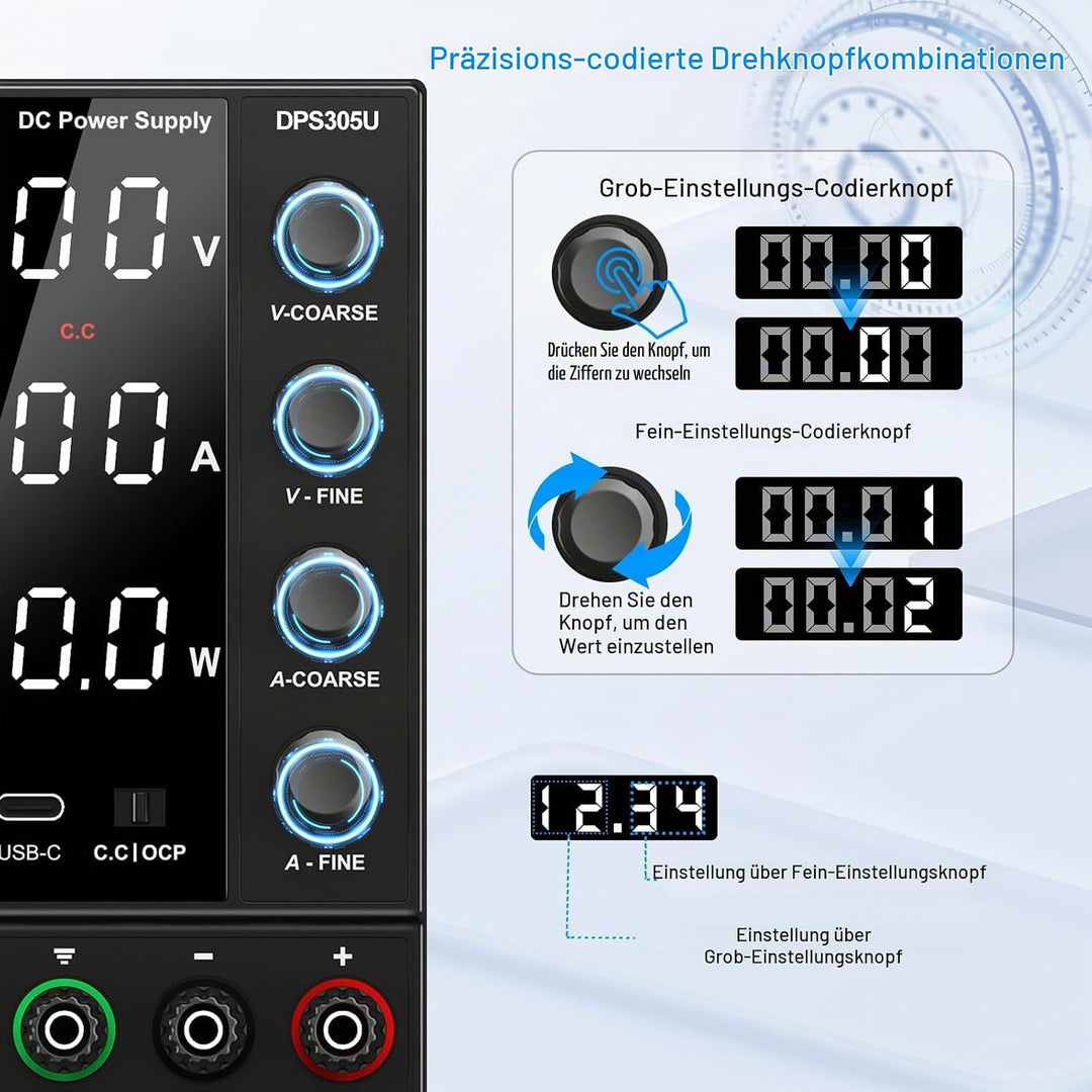 Labornetzgerät einstellbar 30V 5A, Variables DC-Netzteil mit USB-A/Typ-c-Schnellladeanschluss, hochp