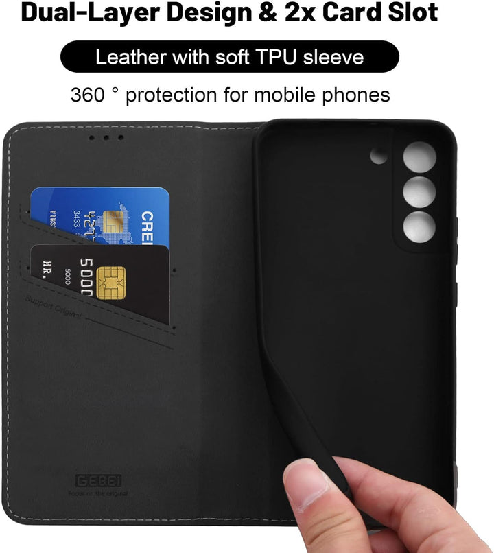 Hülle Echt Leder für Samsung Galaxy S22 Plus (S22+) 5G - Premium Echte Lederhülle mit Standfunktion