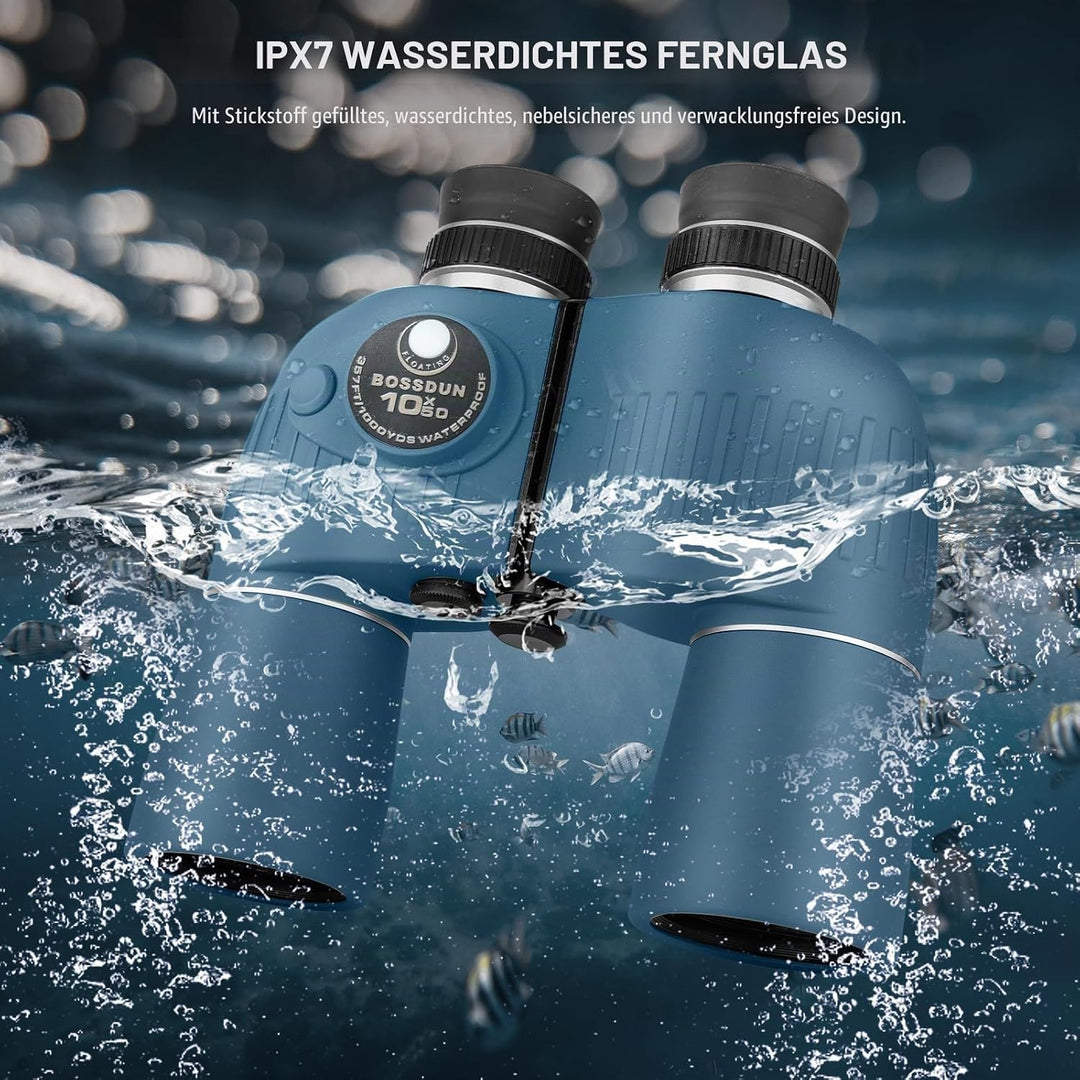 10x50 Marine Fernglas mit beleuchtetem Entfernungsmesser und Kompass, IPX7 wasserdicht, BAK4-Prismen