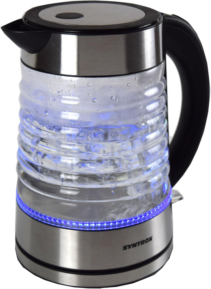 Syntrox Germany WK-2000W-1.7G Agua 2000 Watt 1,7 Liter Edelstahl schnurlos Glas Wasserkocher mit bla