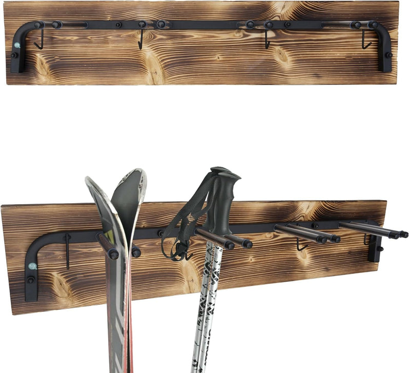 QLS Skihalterung N3 Wand Skihalter für 4 Paare 83 cm Stahl Holz hölzerne Hakenleiste Nordic Walking