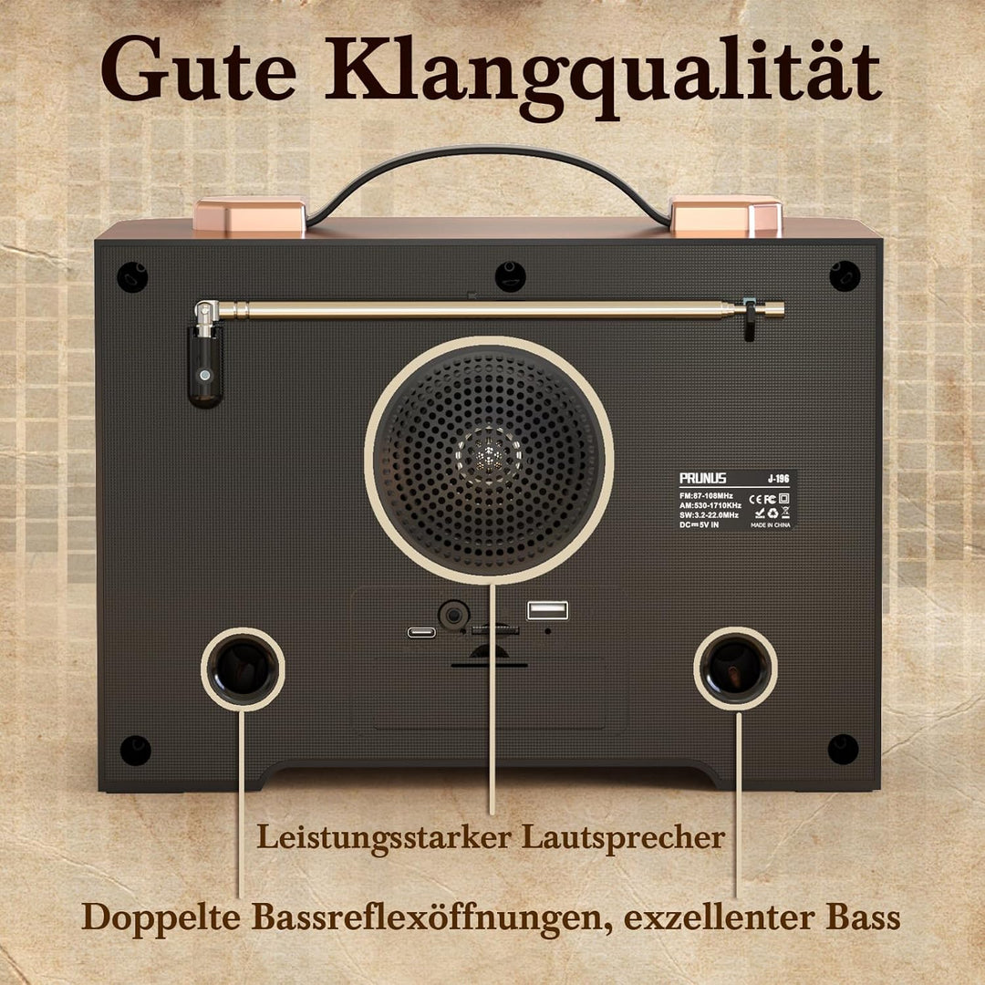 PRUNUS J-196 AM/FM/SW Retro Radio mit Bluetooth | Nostalgie Radio mit Akku 1800mAh | Transistorradio