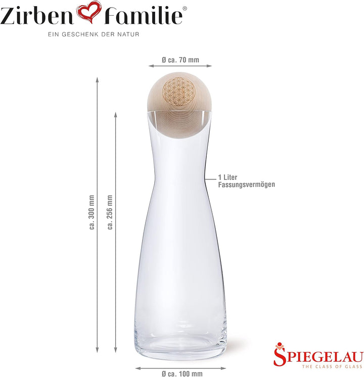 ORIGINAL ZirbenKugel Set „Blume des Lebens“ • 1 Liter Glaskaraffe Spiegelau mit natürlich duftender