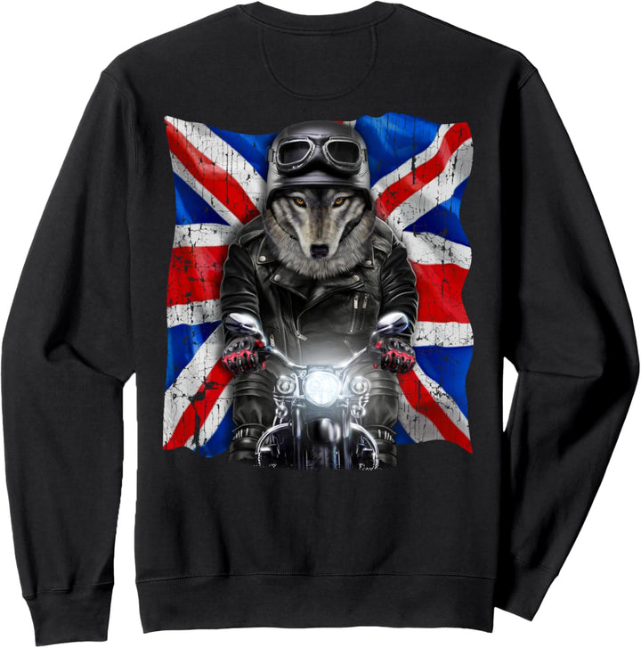 Patriot Wolf auf einem Motorrad mit Union Jack Sweatshirt