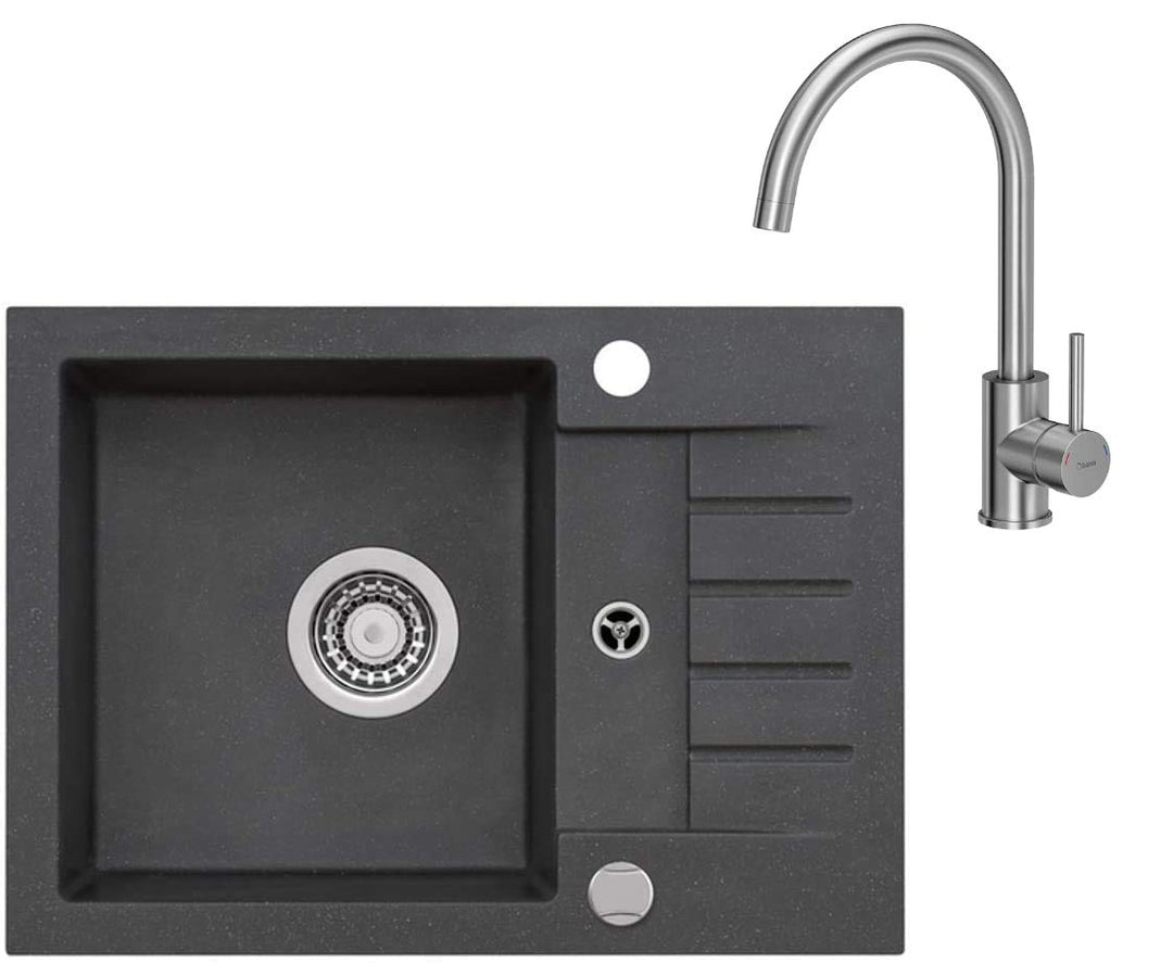 VBChome Spüle Schwarz 58 x 42 cm mit Spültischarmatur Granit Einzelbecken Einbauspüle gesprenkelt re