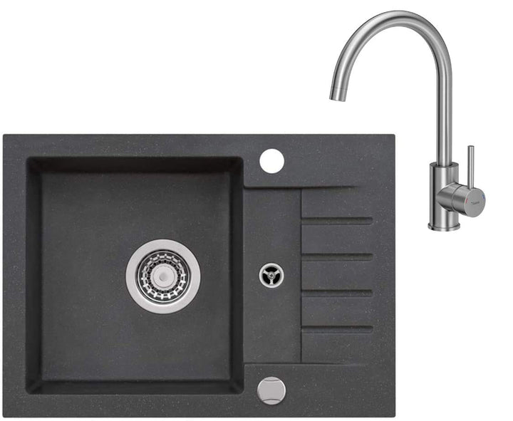 VBChome Spüle Schwarz 58 x 42 cm mit Spültischarmatur Granit Einzelbecken Einbauspüle gesprenkelt re