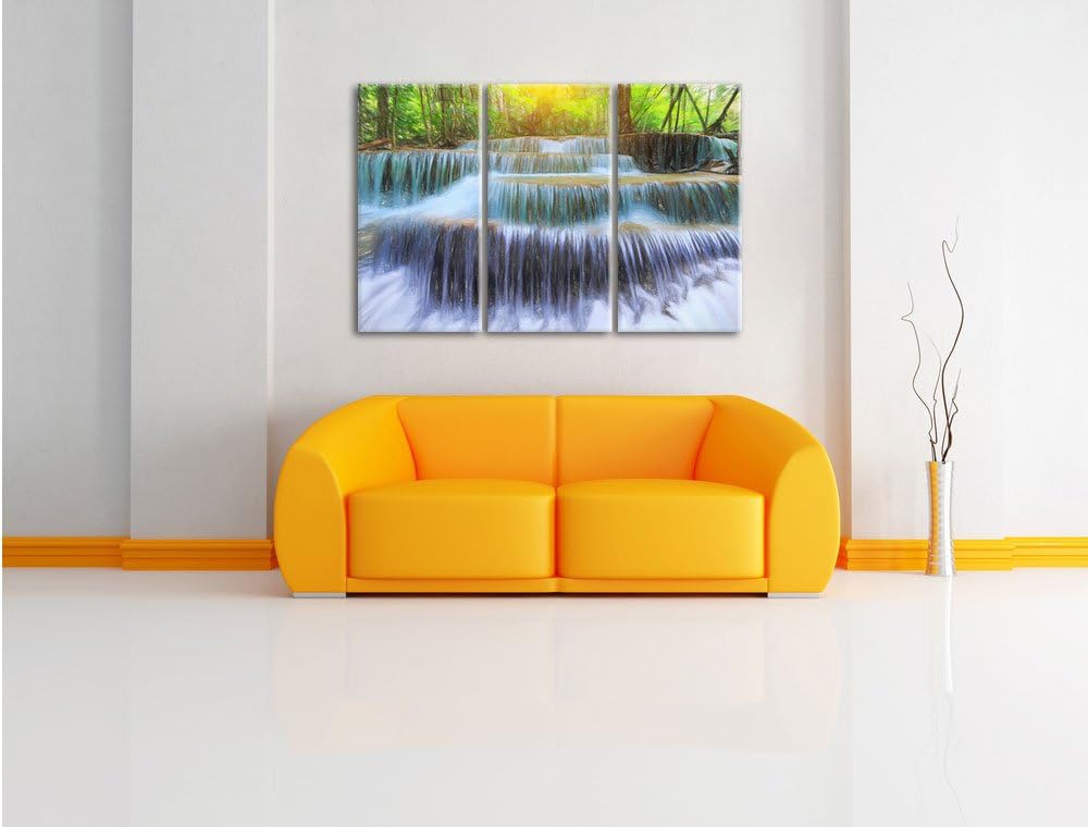 Pixxprint Wasserfall im Regenwald / 3-Teilig/Gesamtmass 120cm Leinwandbild bespannt auf Holzrahmen/W