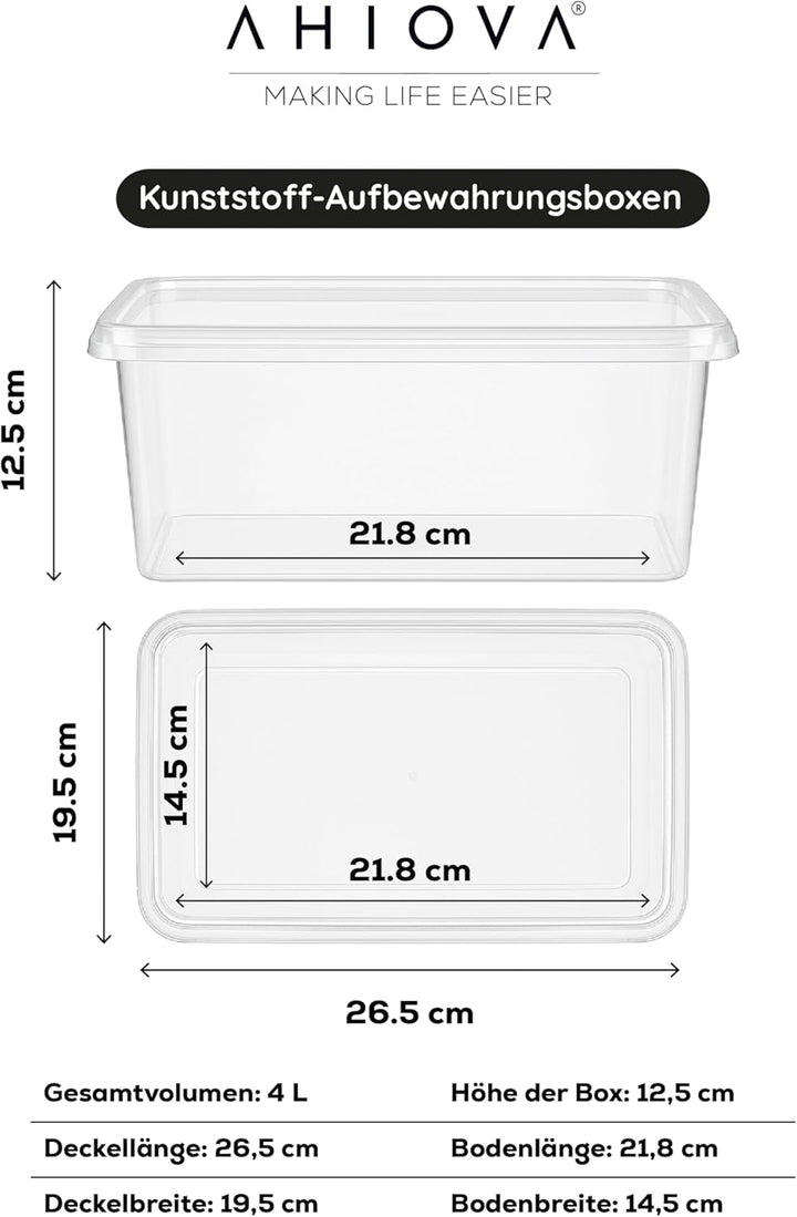 Aufbewahrungsboxen Klein 4L mit Deckel 6er Set Stapelbar 100% Transparent Klickverschluss 26,5x19,5x
