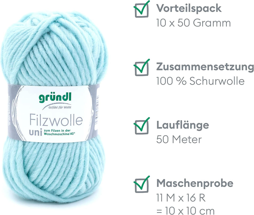 Gründl Filzwolle uni (Wolle zum Filzen, Stricken und Häkeln, Garn aus 100 % Schurwolle, 50 g / 50 m,