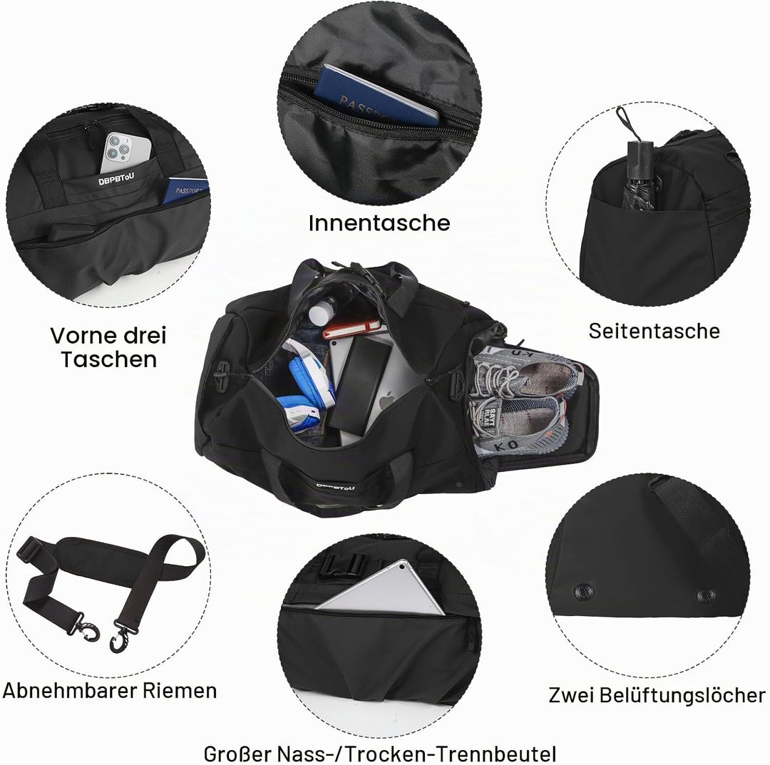 Sporttasche Damen Herren Hartes Material, Reisetasche mit Schuhfach Zwei Belüftungslöchern und Nassf
