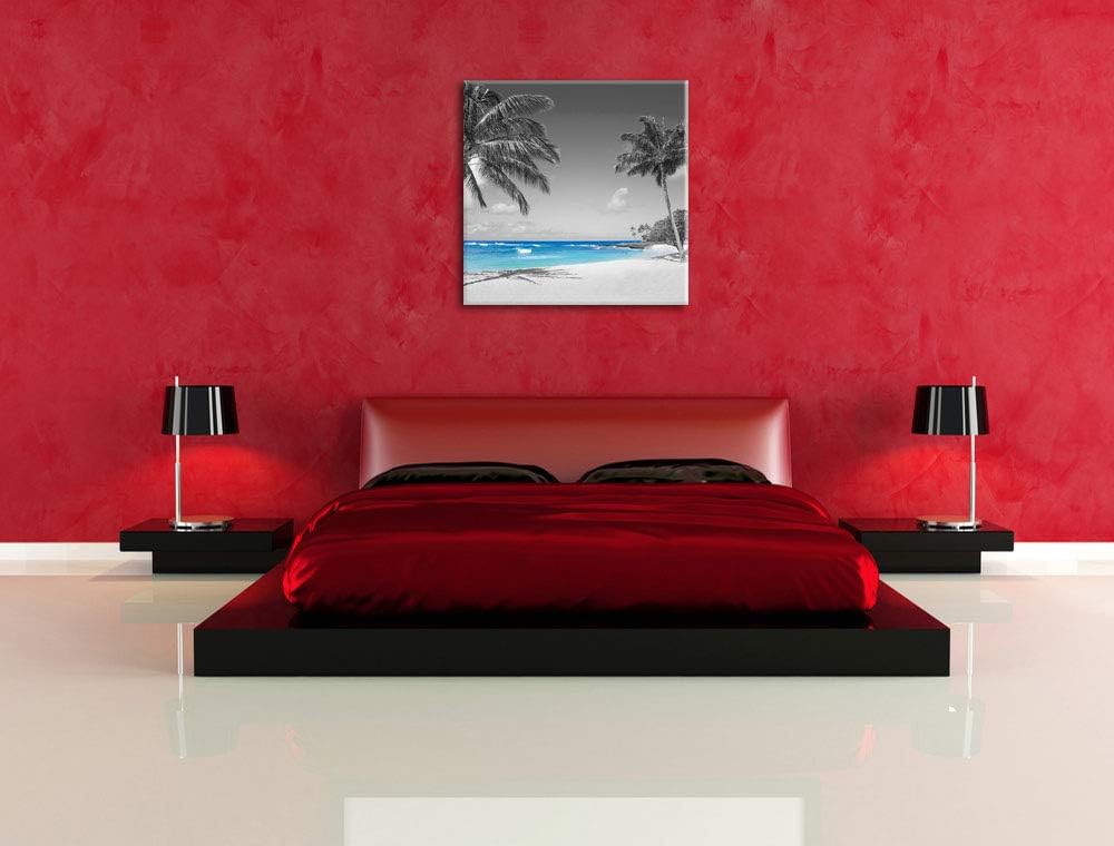 Pixxprint schöner Strand mit Palmen schwarz/weiss, Format: 70x70 auf Leinwand, 70x70