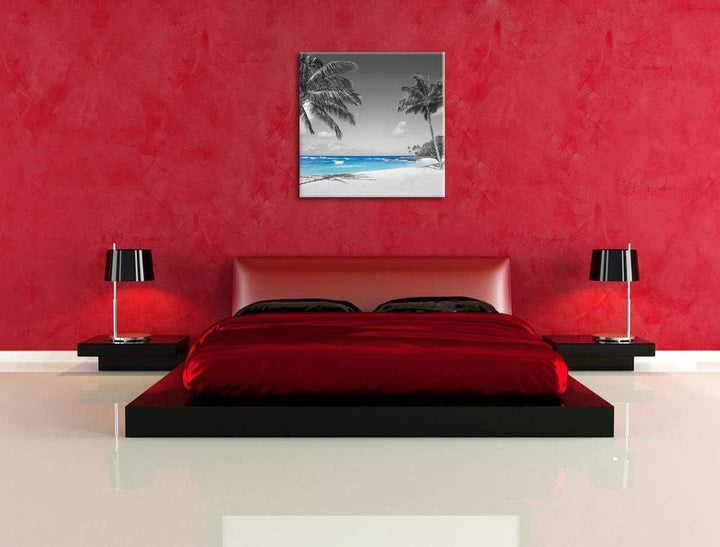 Pixxprint schöner Strand mit Palmen schwarz/weiss, Format: 70x70 auf Leinwand, 70x70