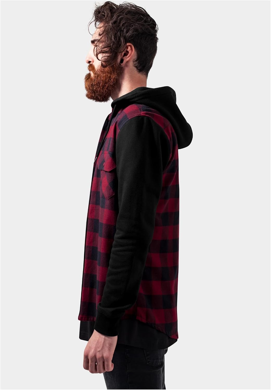 Urban Classics Herren Hooded Checked Flanell Sweat Sleeve Shirt M Blk/Burgundy/Blk, M Blk/Burgundy/B