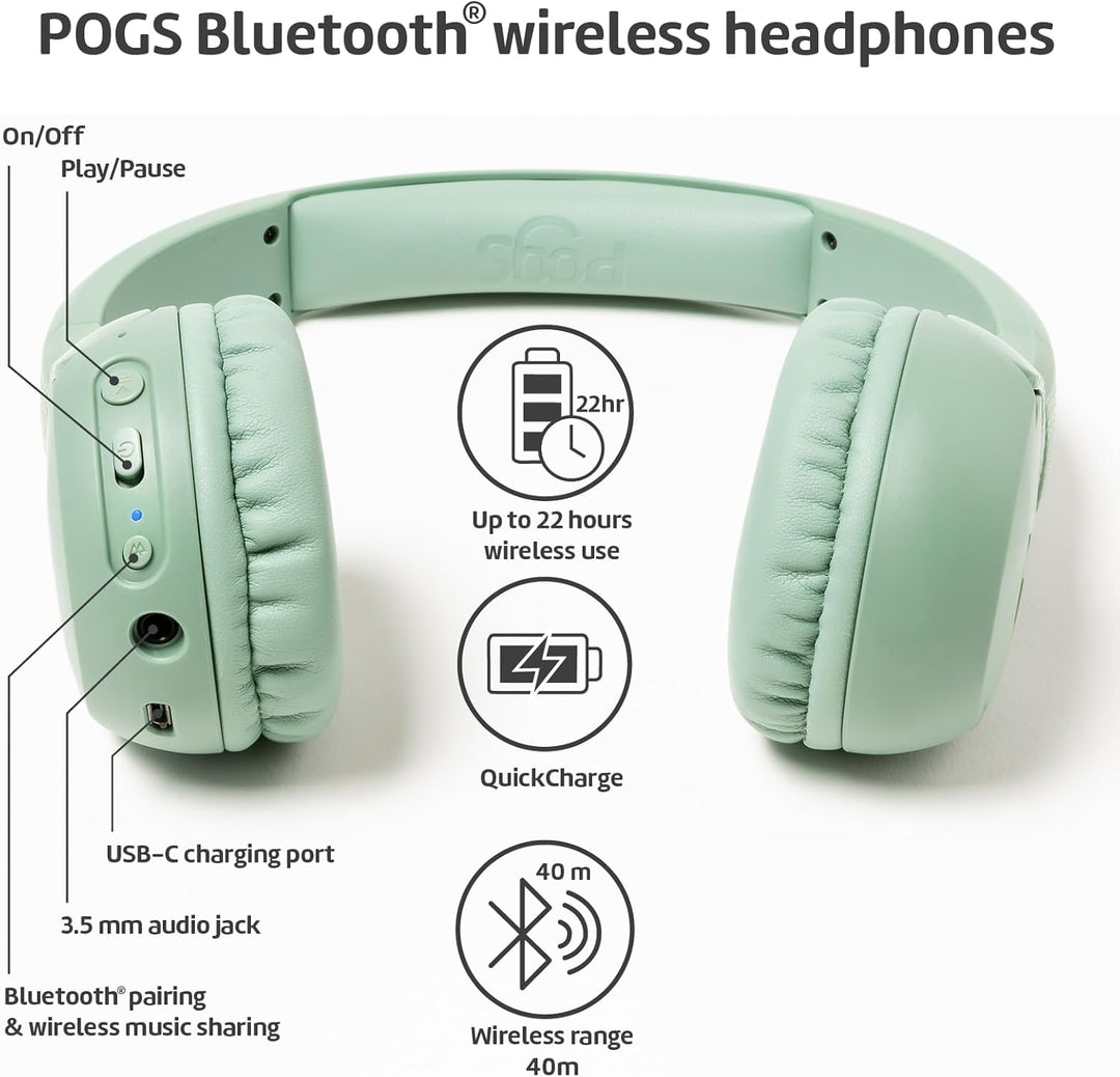 POGS Drahtloser Bluetooth Kinderkopfhörer | The Gecko 2 | Faltbarer robuster Kinderkopfhörer ab 3 Ja